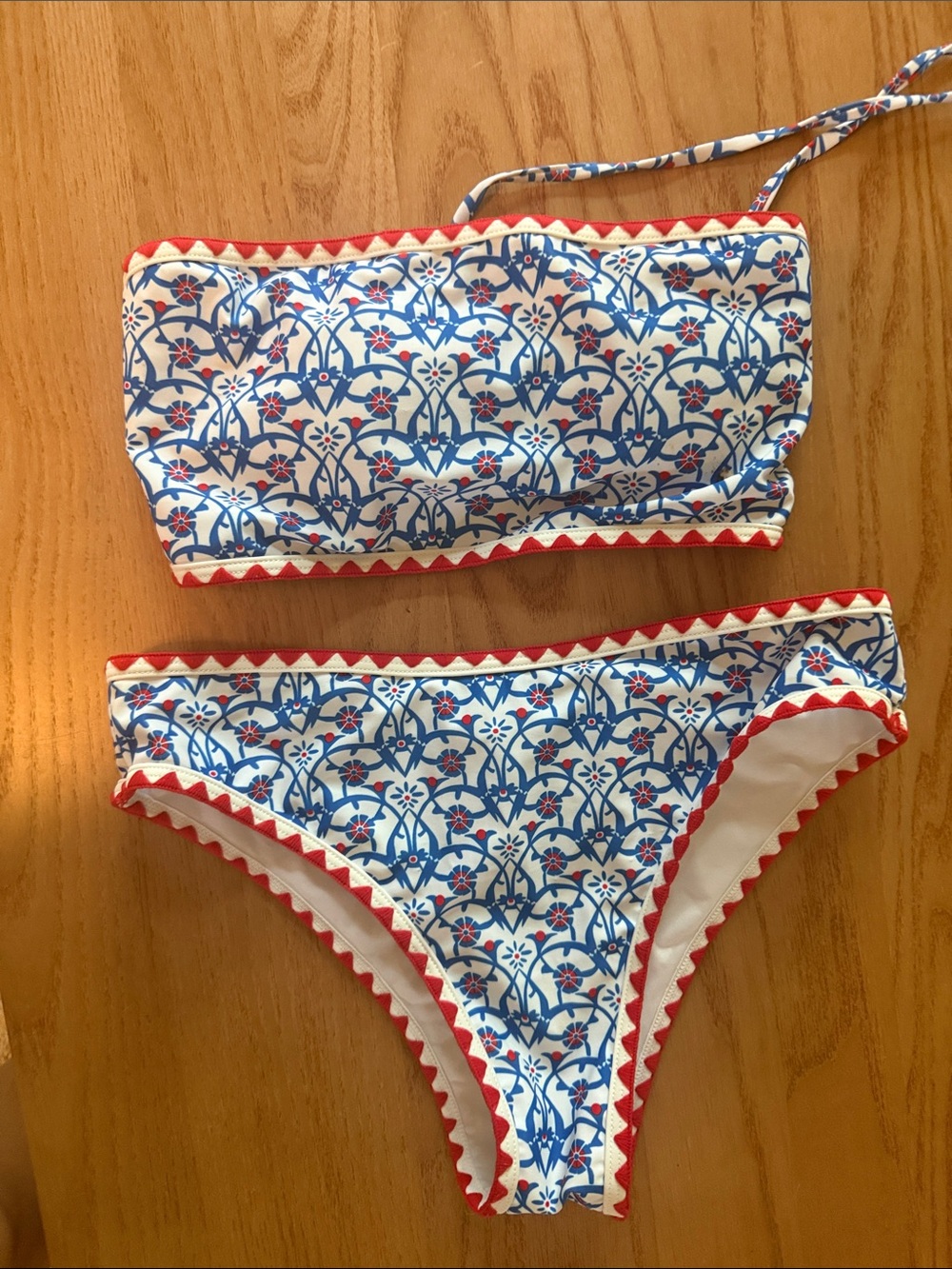 Zaful Blue & White Floral Bikini with Red Trim